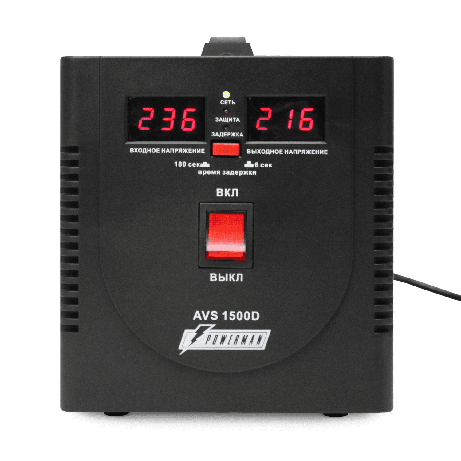 Стабилизатор POWERMAN AVS 1500D, черный, ступенчатый регулятор, цифровые индикаторы уровней напряжения, 1500ВА, 140-260В, максимальный входной ток 10А, 2 евророзетки, IP-20, напольный, 200мм х 160мм х 190мм, 4 кг./ Stabilizer POWERMAN AVS 1500D, black, step-type regulator, digital indicators of voltage levels, 1500VA, 140-260V, maximum input current 10A, 2 eurosockets, IP-20, floor standing, 200mm x 160mm x 190mm, 4kg.