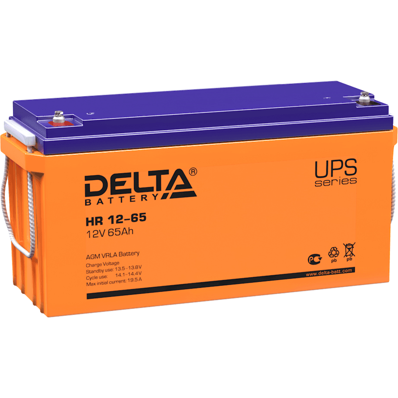Батарея DELTA серия HR, HR 12-65, напряжение 12В, емкость 65Ач (разряд 10 часов), макс. ток разряда (5 сек.) 650А, макс. ток заряда 19.5А, свинцово-кислотная типа AGM, клеммы под болт М6, ДxШxВ 350х167х179мм., вес 23.4кг., срок службы 10-12 лет./ Battery DELTA series HR, HR 12-65, voltage 12V, capacity 65Ah (discharge 10 hours), max. discharge current (5 sec.) 650A, max. charge current 19.5A, lead-acid AGM type, M6 bolt terminals, LxWxH 350x167x179mm, weight 23.4kg, service life 10-12 years.