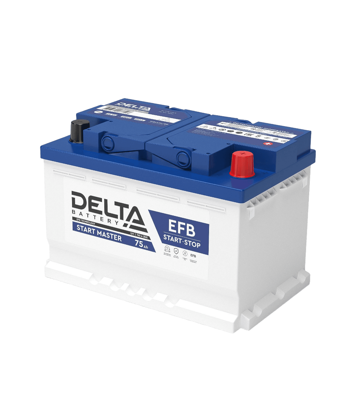 Аккумуляторная батарея для автомобилей/ DELTA серия START MASTER, DELTA START MASTER 75 Ah EFB, напряжение 12В, емкость 75 Ач (разряд 20 часов; 10.5В), пусковой ток: 700А, полярность обратная ( - +), тип EFB;Pb (свинцово-кислотный), клеммы: Конус, ДxШxВ 278x175x190мм., вес 19,1кг
