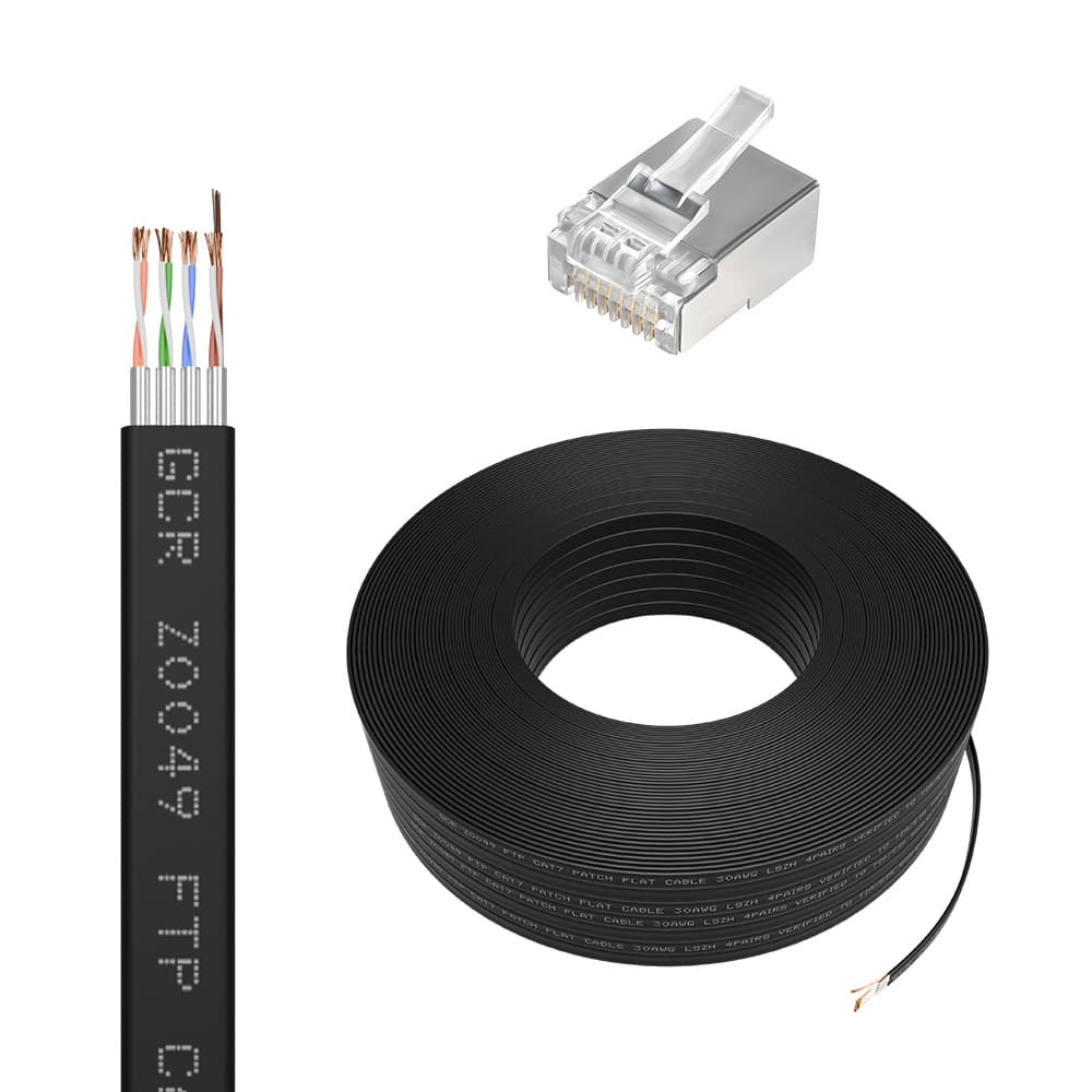 GCR PRO Кабель LAN DIY витая пара плоский 100m в бухте, FTP кат.7, медь, многопроволочный, LSZH, черный + экранированные коннекторы RJ-45 50шт.