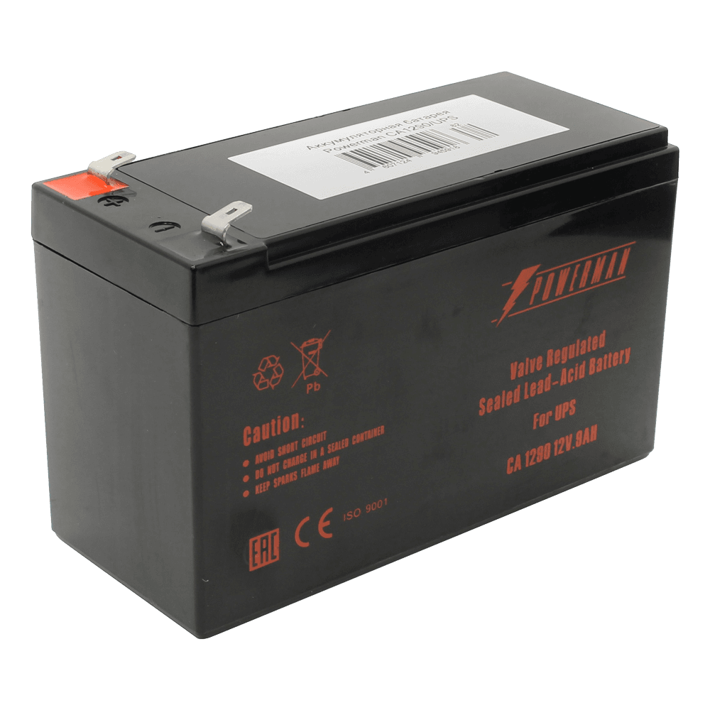 Батарея POWERMAN Battery CA1290, напряжение 12В, емкость 9Ач,макс. ток разряда 135А, макс. ток заряда 2.7А, свинцово-кислотная типа AGM, тип клемм F2, Д/Ш/В 151/65/94, 2.51 кг./ Battery POWERMAN Battery CA1290, voltage 12V, capacity 9Ah, max. discharge current 135A, max. charge current 2.7A, lead-acid type AGM, type of terminals F2, 151mm x 65mm x 94mm, 2.51 kg.
