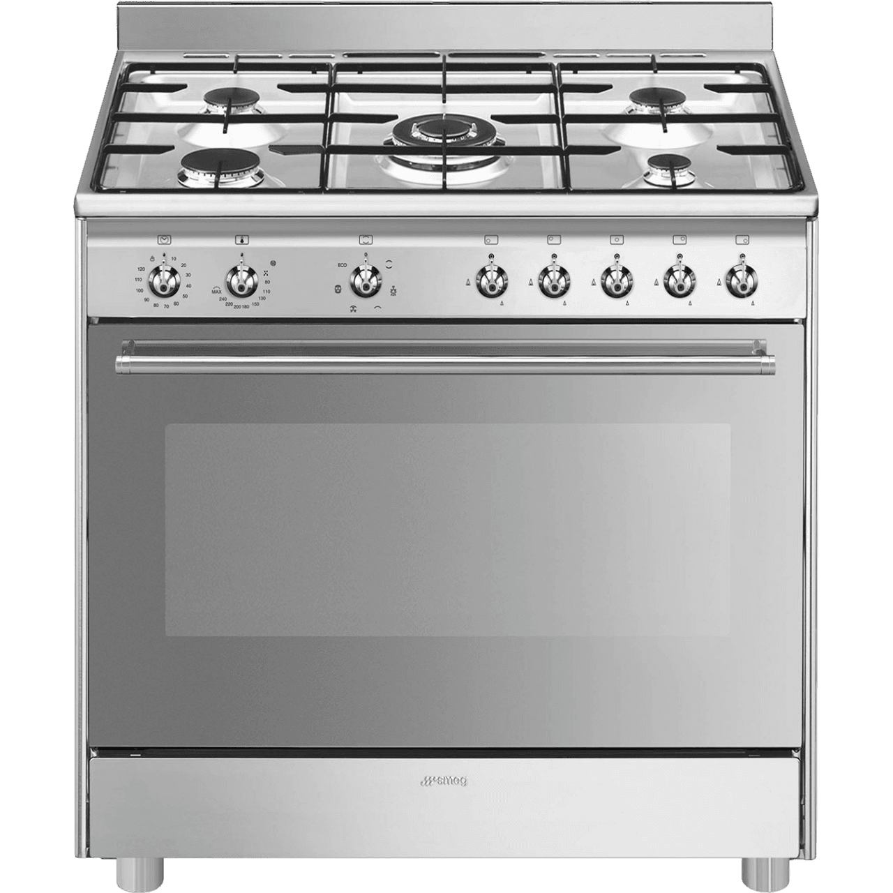 Варочный центр Smeg/ Варочный центр Smeg, Classica, серия Concerto, 90х60 см, газовая варочная поверхность, электрическая духовка, 5 конфорок, объем духовки 115 л, галогеновая подсветка, электромеханический контроль температуры, автоматический электроподжиг, газ-контроль, энергоэффективность А, цвет нержавеющая сталь