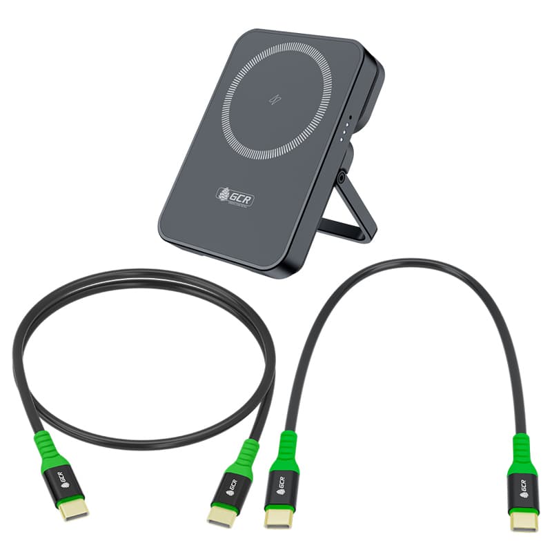 GCR PRO Комплект PowerBank магнитный 2в1 на 5000mAh MagSafe беспроводная зарядка/Type-C PD + 2 кабеля Type-C M/M, 0.15m/1.0m PD 60W, черный, GCR-57403