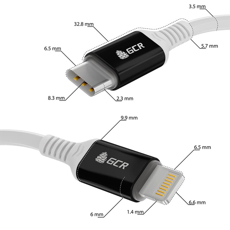 GCR Кабель PREMIUM 1.0m TypeC/Lightning MFI POWER DELIVERY 18 W, быстрая зарядка, белый силикон, AL корпус