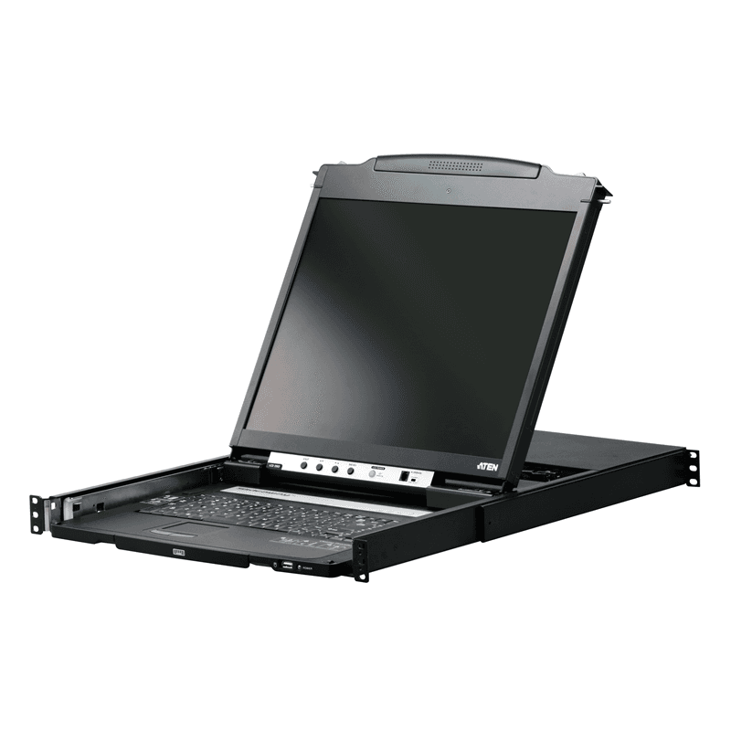 Kонсоль управления, для KVM-переключателей, электрон., 19", SVGA+KBD+MOUSE PS/2 USB, с KVM шнуром USB 1.8м, LCD Kран 19", лат./рус.Kлав., (выход на вторую конс 1280x1024 75Hz DDC2BKрепление DUAL RAIL доп.порт USB A-типа Female)/ATEN/ DUAL RAIL LCD PS/2-USB CONSOLE 19INCH