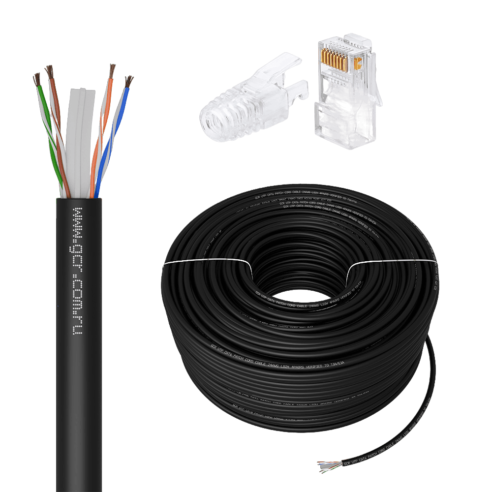 GCR PRO Кабель LAN DIY витая пара 50m в бухте, LSZH UTP кат.6А, CCA многопроволочный, черный + Коннектор RJ-45 8p8c сборный 20шт.
