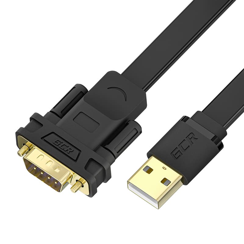 GCR Конвертер-переходник 1.5m USB 2.0 AM / DB9 RS-232 с чипсетом PL2303GS, плоский, медь, экран, черный