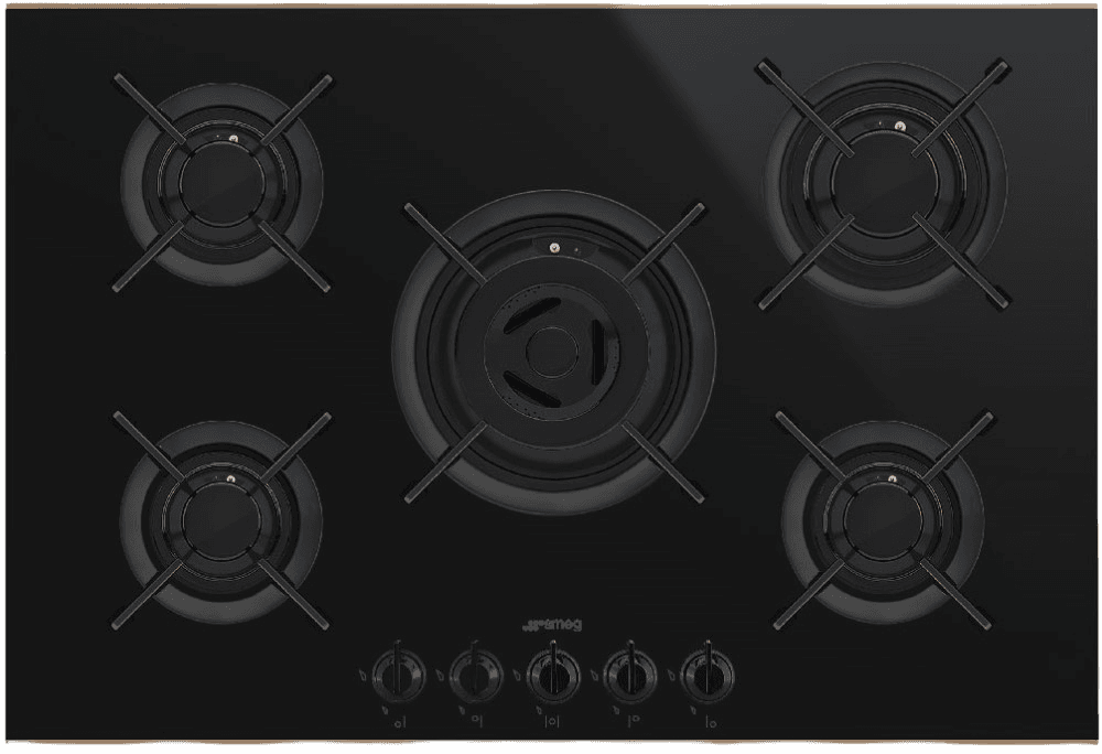 Встраиваемая газовая панель SMEG/ Газ, Dolce Stil Novo, Газовая варочная панель, 75 см, черная стеклокерамика, медный профиль