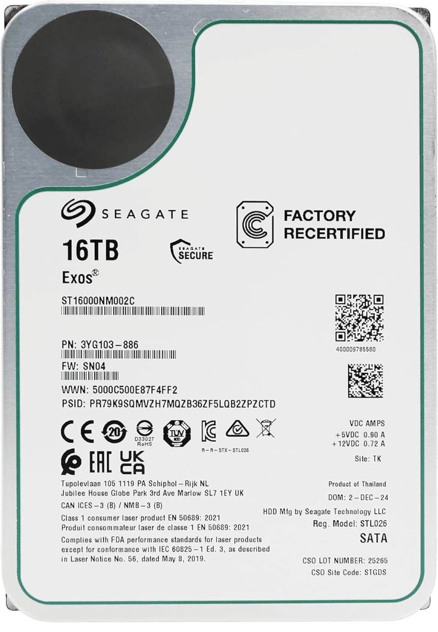 Жесткий диск HDD Seagate SATA 16Tb Exos X16 6Gb/s 7200 512Mb OFFICIAL RECERTIFIED 1 year warranty (ST16000NM002C)