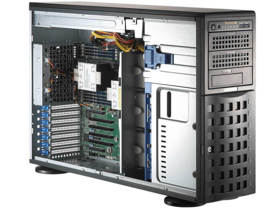 Серверная платформа Supermicro SYS-741P-TRT (bundle4): 4U(Tower) / 2x LGA-4677 / 16x DDR5 RDIMM / 8x3.5 SATA/SAS*/NVME* / 4x PCIe 5.0 x16 FHFL / 2x PCIe 5.0 x8 FHFL / 2x PCIe 4.0 x2 NVMe M.2 / 2-Port 10GbE RJ45 / TPM / 2x 1200W Power