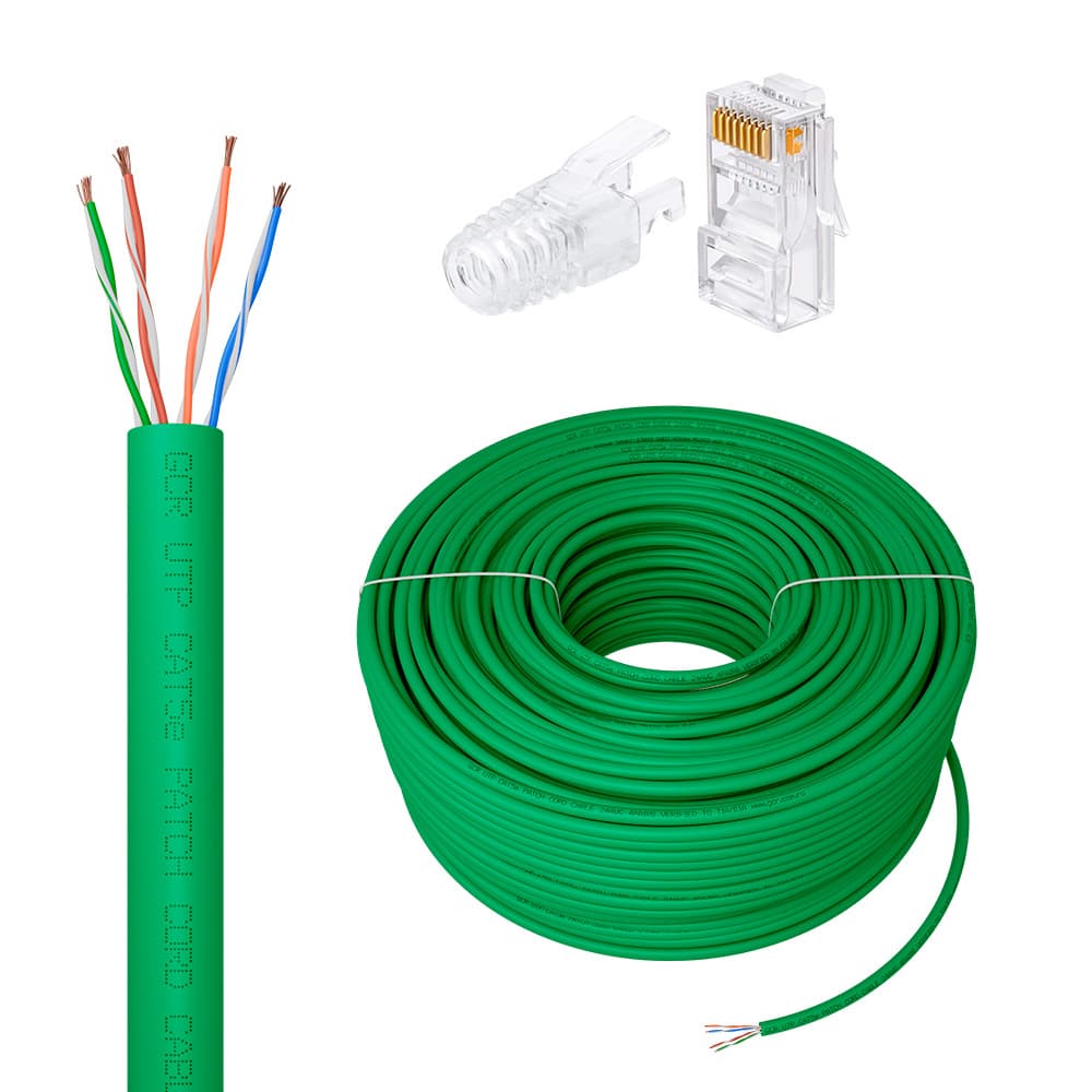 GCR PRO Кабель LAN DIY витая пара 50m в бухте, UTP кат.5e, CCA многопроволочный, зеленый + Коннектор RJ-45 8p8c сборный 20шт.