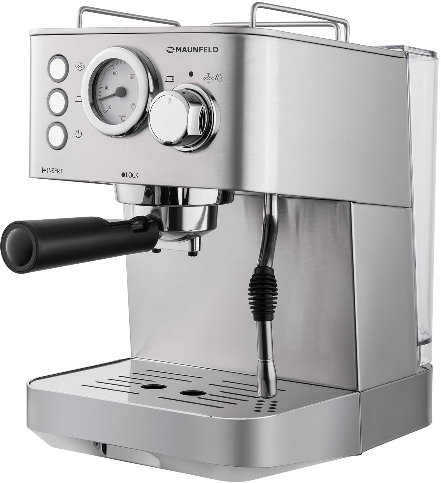 Кофемашина рожкового типа MAUNFELD/ Кофемашина рожкового типа MAUNFELD MF-721S PRO, мощность 1140 Вт, давление 15 бар, капучинатор, возможность приготовления 2 чашек, цвет нержавеющая сталь