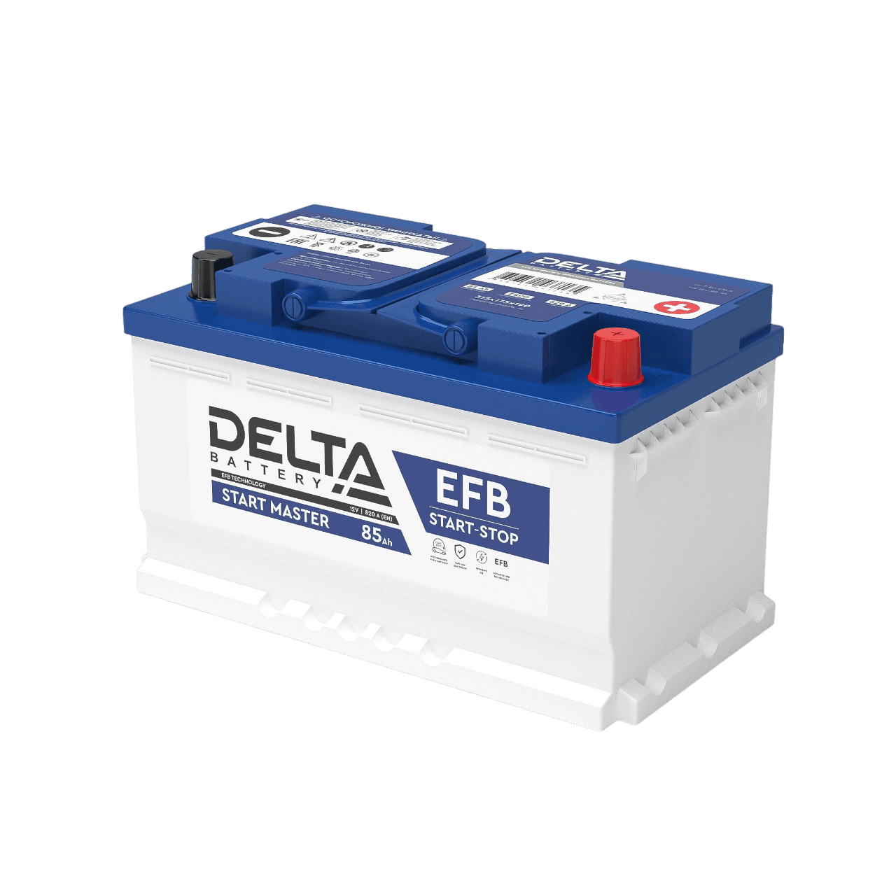 Аккумуляторная батарея для автомобилей/ DELTA серия START MASTER, DELTA START MASTER 85 Ah EFB, напряжение 12В, емкость 85 Ач (разряд 20 часов; 10.5В), пусковой ток: 820А, полярность обратная ( - +), тип EFB;Pb (свинцово-кислотный), клеммы: Болт, ДxШxВ 315x175x190мм., вес 22кг