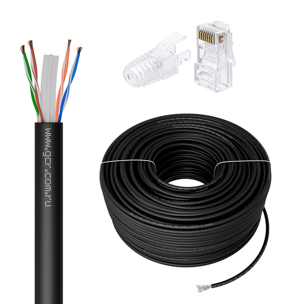GCR PRO Кабель LAN DIY витая пара 100m в бухте, LSZH UTP кат.6А, CCA многопроволочный, черный + Коннектор RJ-45 8p8c сборный 50шт.