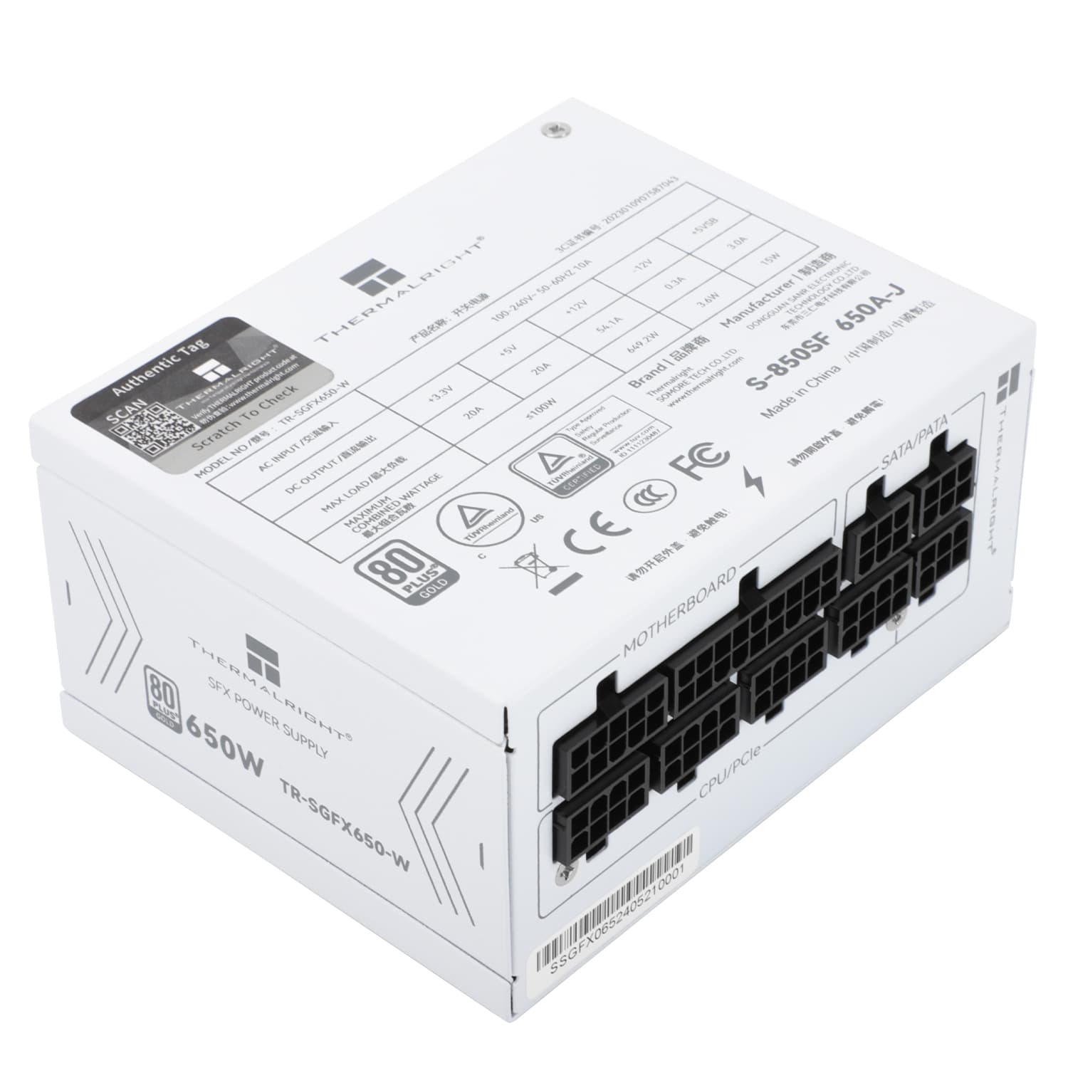 Блок питания 650W/ Power Supply Thermalright, 650W 80+ Gold (SFX, 3.1, Full modular, 1x24(20+4)pin, 1xCPU 8(4+4)pin, 2xPCIe*2 8(6+2)pin, 3xSATA3, 3xMOLEX4pin, Active, 92x92mm, 100x125x64mm, APFC, OPP, OVP, OTP, OCP, SCP, UVP, white)