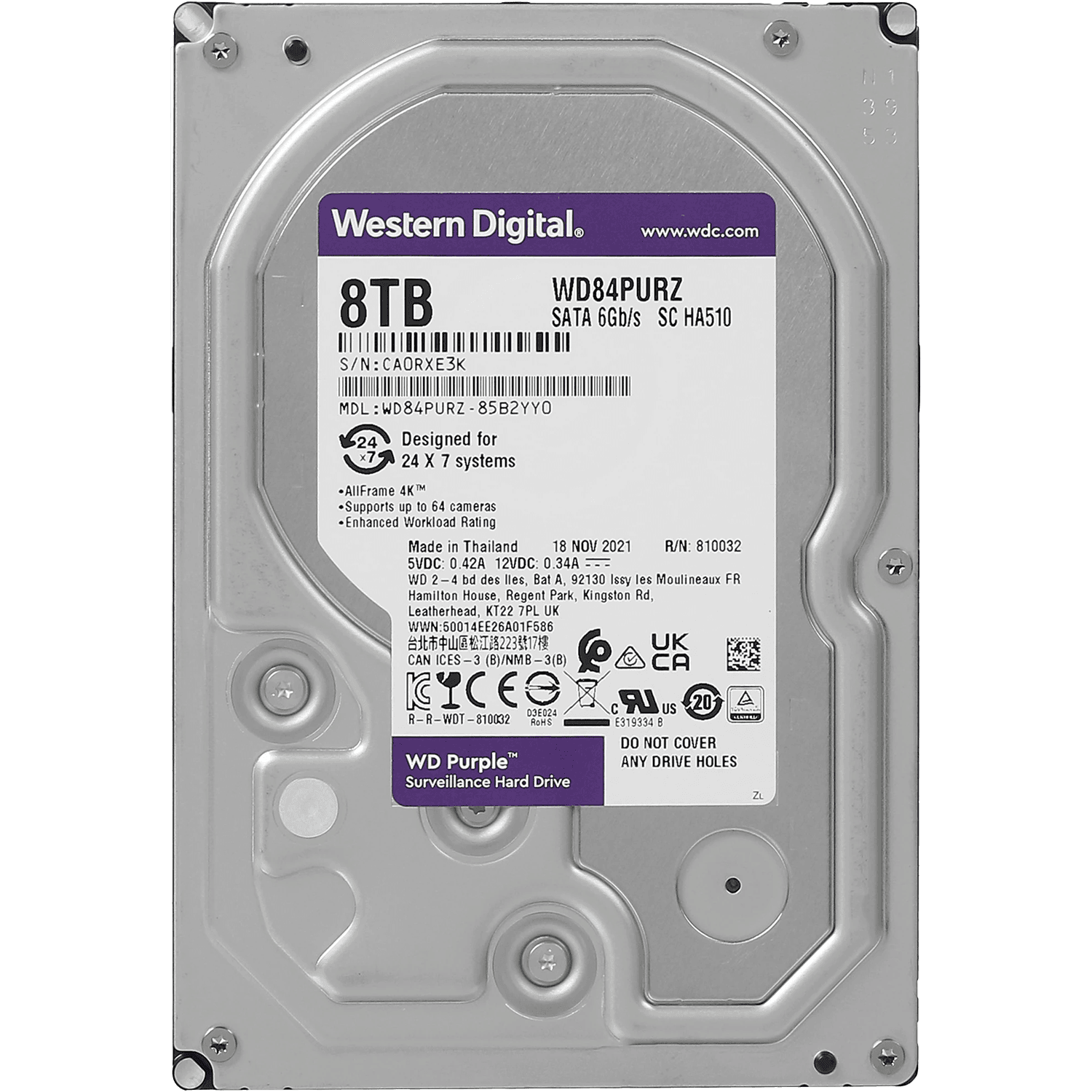 Жесткий диск/ RECERTIFIED HDD WD SATA3 8Tb Purple 5640 128Mb 1 year warranty (replacement WD85PURZ, ST8000VX010, ST8000VX009) RECERTIFIED