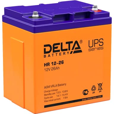 Батарея DELTA серия HR, HR 12-26, напряжение 12В, емкость 26Ач (разряд 10 часов), макс. ток разряда (5 сек.) 310А, макс. ток заряда 7.8А, свинцово-кислотная типа AGM, клеммы под болт М5, ДxШxВ 165х125х175мм., вес 9.3кг., срок службы 8 лет./ Battery DELTA series HR, HR 12-26, voltage 12V, capacity 26Ah (discharge 10 hours), max. discharge current (5 sec.) 310A, max. charge current 7.8A, lead-acid AGM type, M5 bolt terminals, LxWxH 165x125x175mm, weight 9.3kg, service life 8 years.