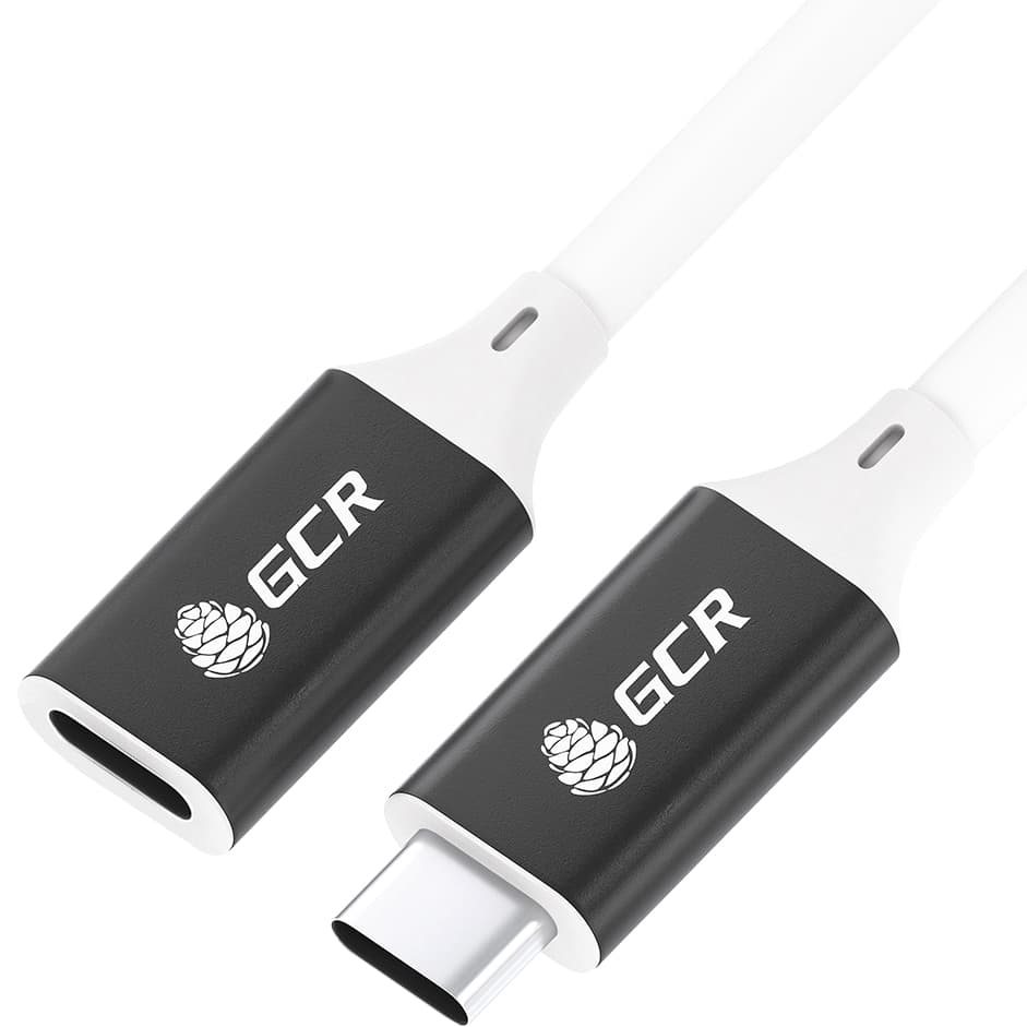GCR Удлинитель USB 3.1 (USB 3.2 Gen 2) Type C-С, 2.0m, 100W/20V/5A, M/F, медь, 10 Гбит/с, 4K, белый, AL сase черный, экран, армирование