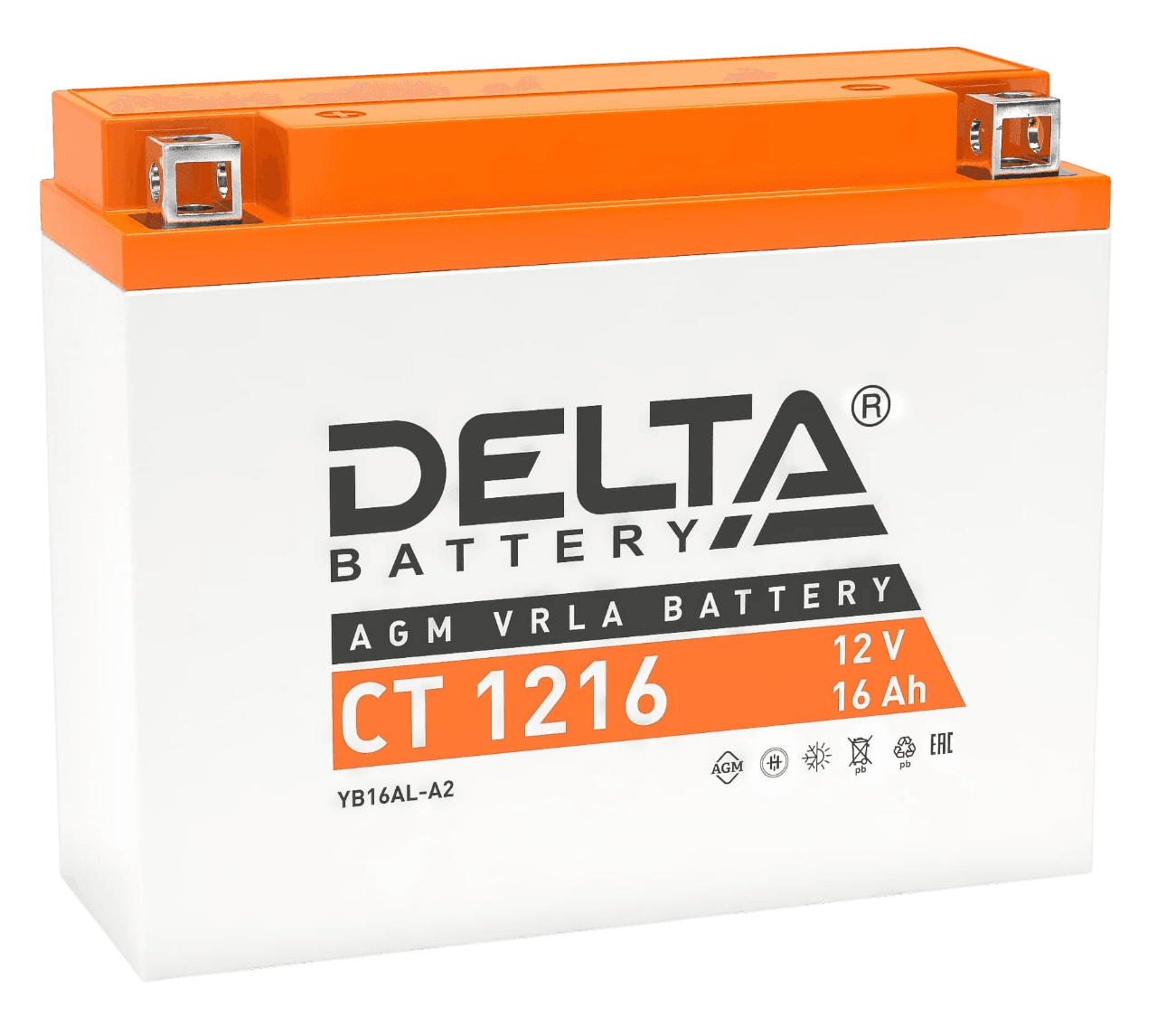 Аккумуляторная батарея Delta CT 1216 12В/16А·ч, клемма Болт + гайка Ø 6 мм (205х70х162мм (167мм), 5,86кг, Срок службы 5 лет