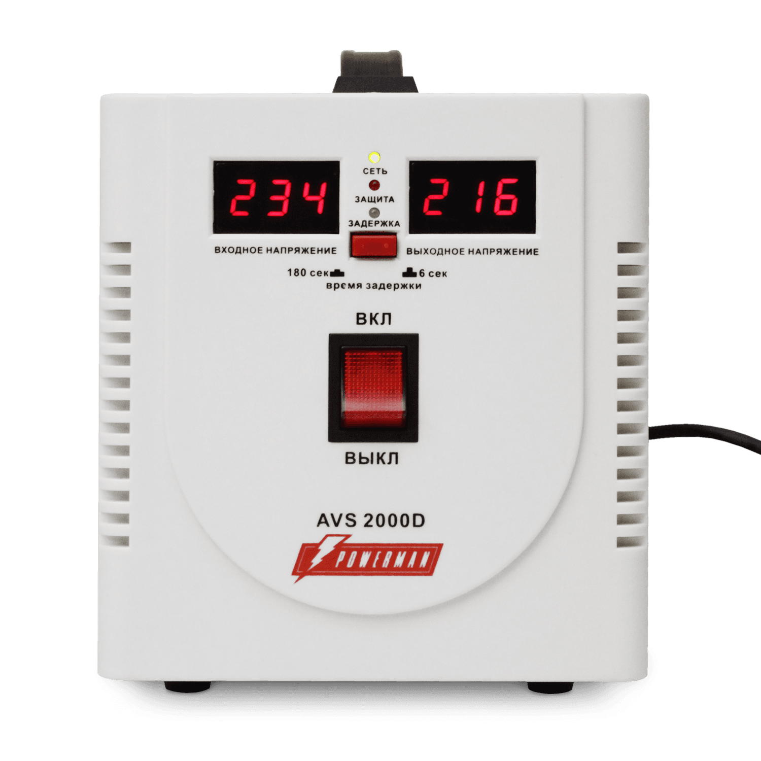 Стабилизатор POWERMAN AVS 2000D, ступенчатый регулятор, цифровые индикаторы уровней напряжения, 2000ВА, 140-260В, максимальный входной ток 12А, 2 евророзетки, IP-20, напольный, 200мм х 160мм х 190мм, 4.9 кг./ Stabilizer POWERMAN AVS 2000D, step-type regulator, digital indicators of voltage levels, 2000VA, 140-260V, maximum input current 12A, 2 eurosockets, IP-20, floor standing, 200mm x 160mm x 190mm, 4.9kg.