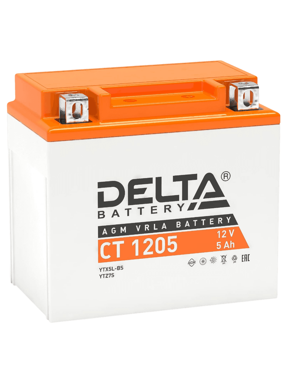 Аккумуляторная батарея Delta CT 1205 12В/5А·ч, клемма Болт + гайка Ø 5 мм (114х70х106мм (111мм), 1,68кг, Срок службы 5 лет