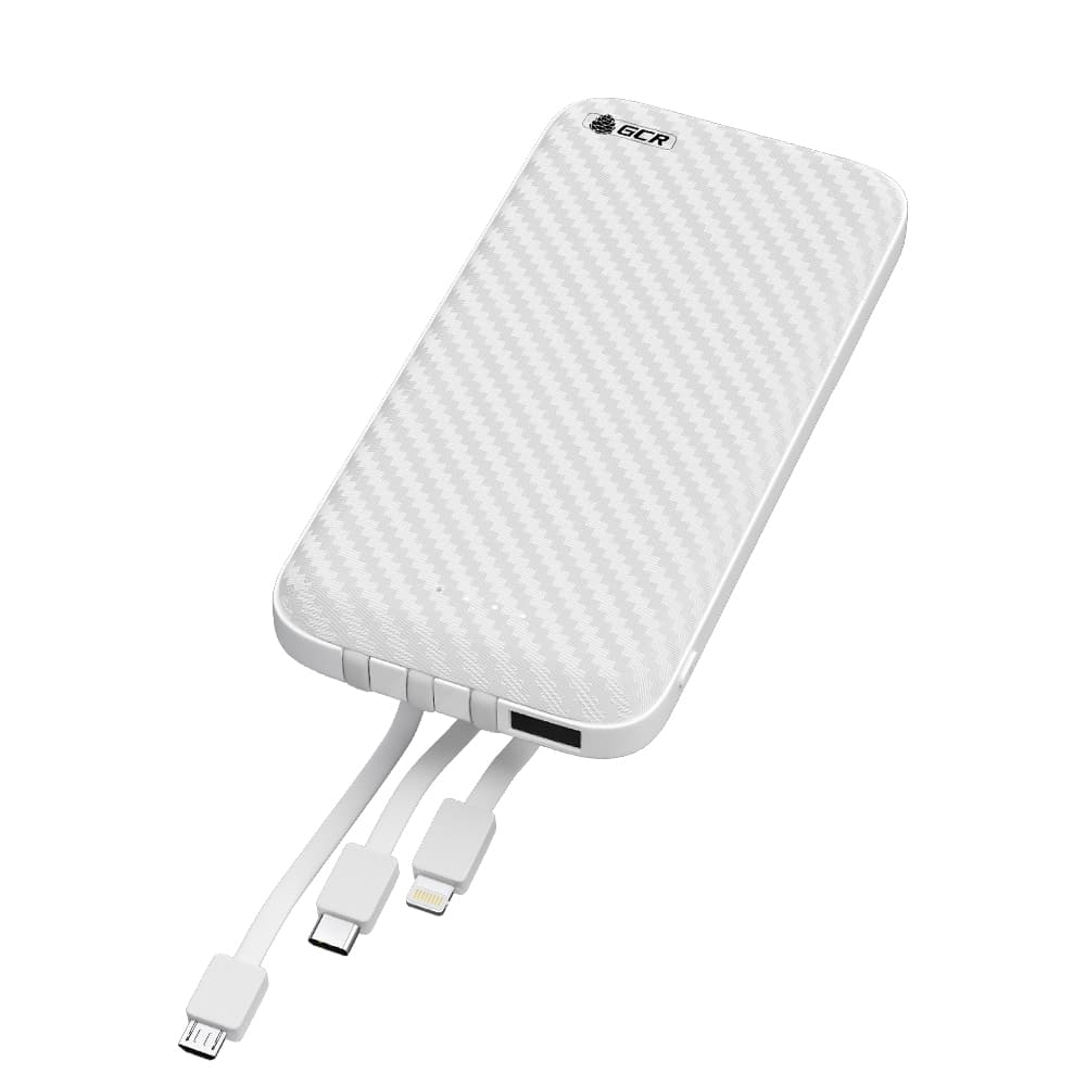 GCR PRO PowerBank на 10000mAh со встроенным кабелем MicroUSB / TypeC / Lightning + подставка для телефона, белый