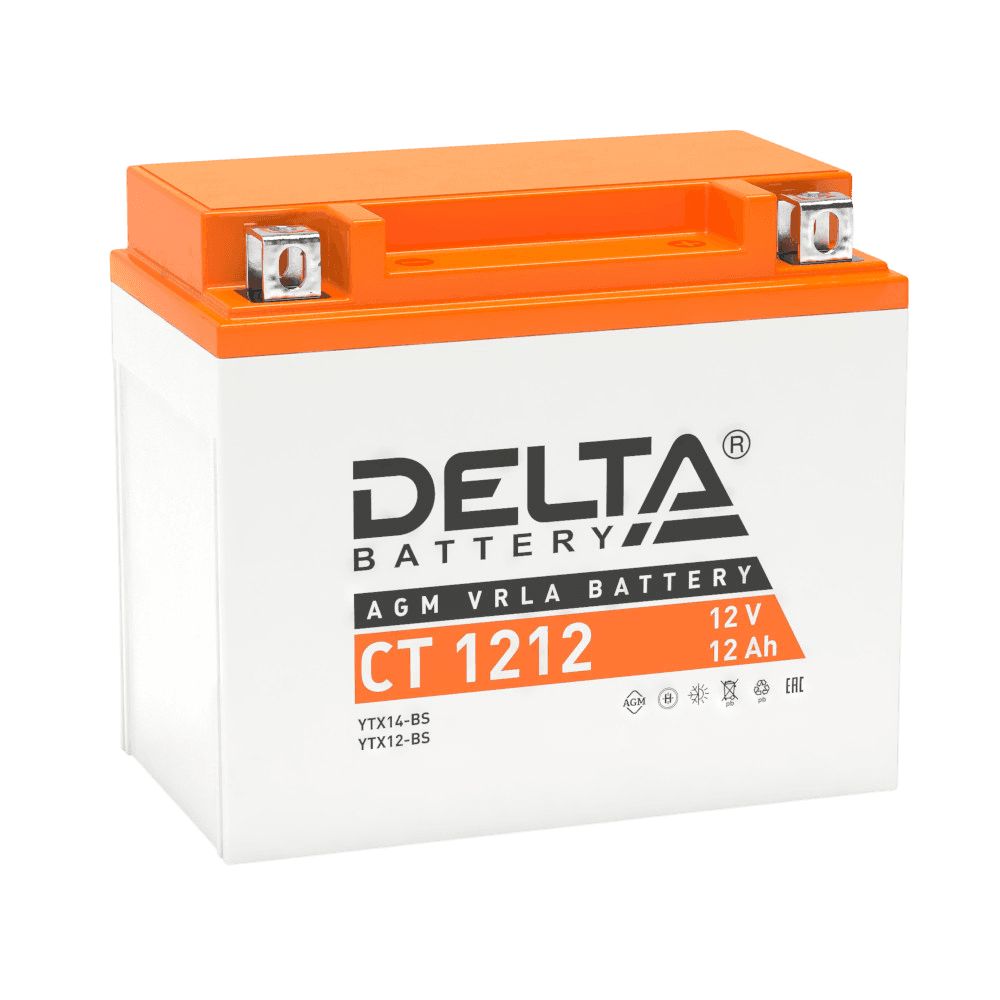 Аккумуляторная батарея для мото-техники/ DELTA серия CT, CT 1212, напряжение 12В, емкость 12 Ач (разряд 10 часов 10.5 В), пусковой ток: 180А, полярность обратная ( - +), тип AGM;Pb (свинцово-кислотный), клеммы: BN под болт, ДxШxВ 150x86x131мм., вес 3,9кг