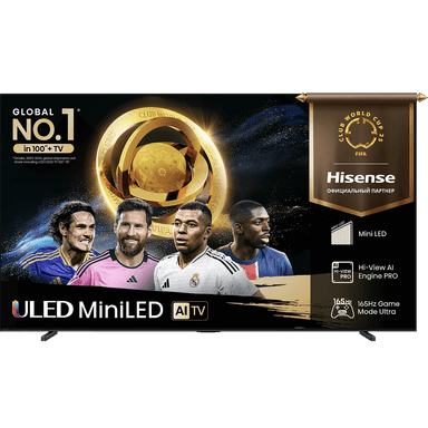 Телевизор ЖК 100'' Hisense/ 100", Ultra HD, Mini LED, Local Dimming Zone 608, 165 Hz, Smart TV (ОС VIDAA U9), Wi-Fi, DVB-T2/T/C/S2/S, HDR 10+, Dolby Vision, Dolby Atmos, Bluetooth, 2.1 2*15W+20W, CI+(1.4), 4хHDMI, 2хUSB, Works with Alexa, Alexa Built-in, GA, VIDAA Voice, Yandex, AMD Freesync Premium, 165Hz Game Mode Ultra, Charcoal grey, 2025