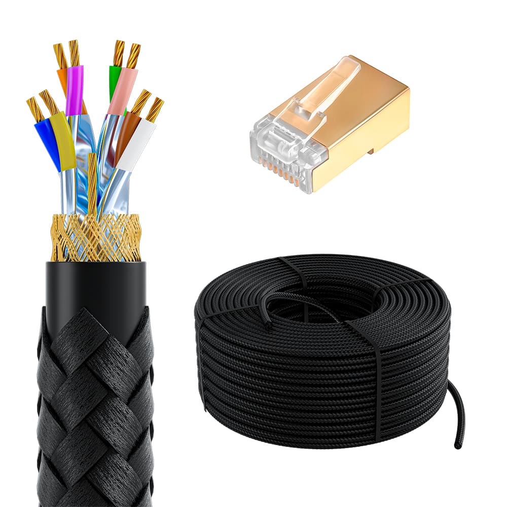 GCR PRO Кабель LAN DIY витая пара 50m в бухте, в оплетке текстиль S/FTP кат.8, медь, многопроволочный, черный + экран. коннекторы RJ-45 8p8c 20шт., GCR-57725