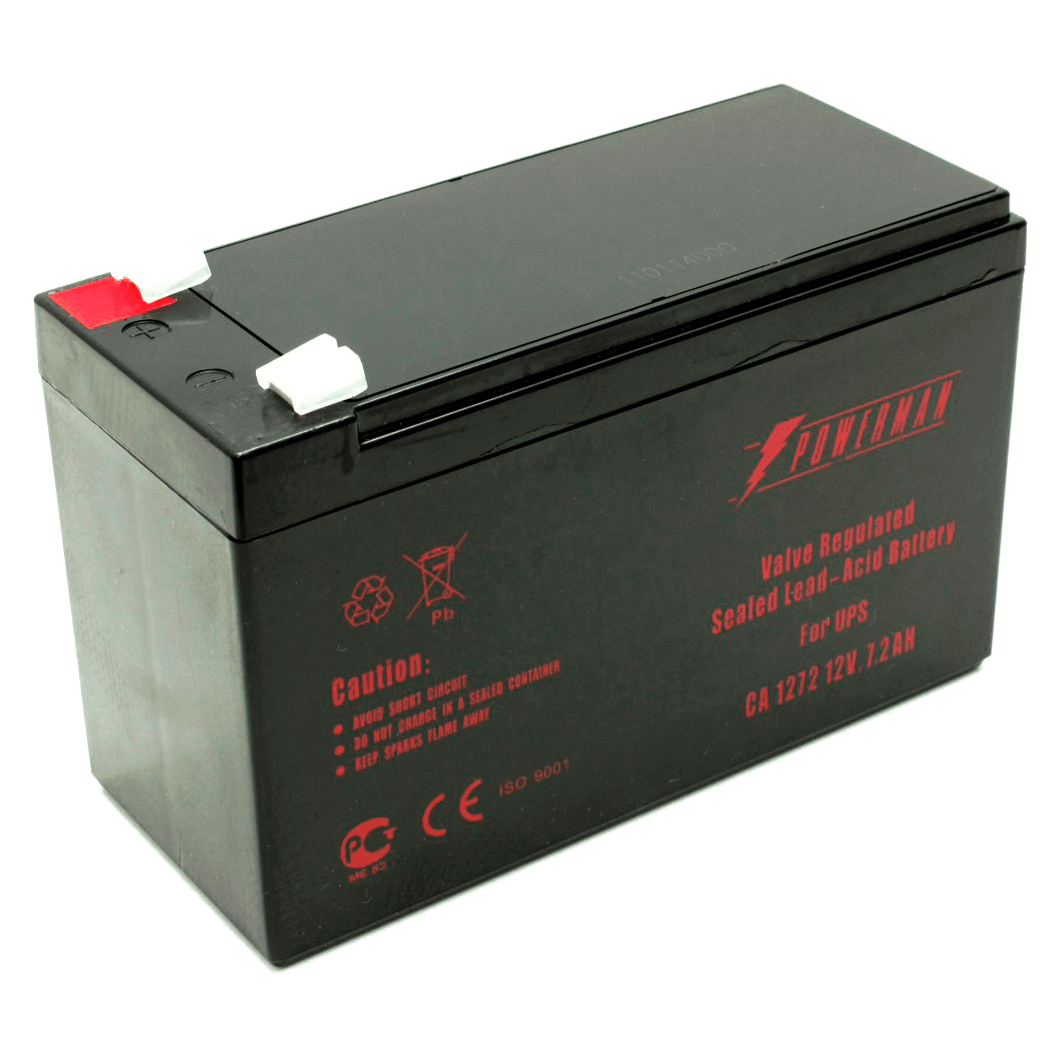 Батарея POWERMAN Battery CA1272, напряжение 12В, емкость 7Ач,макс. ток разряда 105А, макс. ток заряда 2.1А, свинцово-кислотная типа AGM, тип клемм F2, Д/Ш/В 151/65/94, 2.21 кг./ Battery POWERMAN Battery CA1272, voltage 12V, capacity 7Ah, max. discharge current 105A, max. charge current 2.1A, lead-acid type AGM, type of terminals F2, 151mm x 65mm x 94mm, 2.21 kg.
