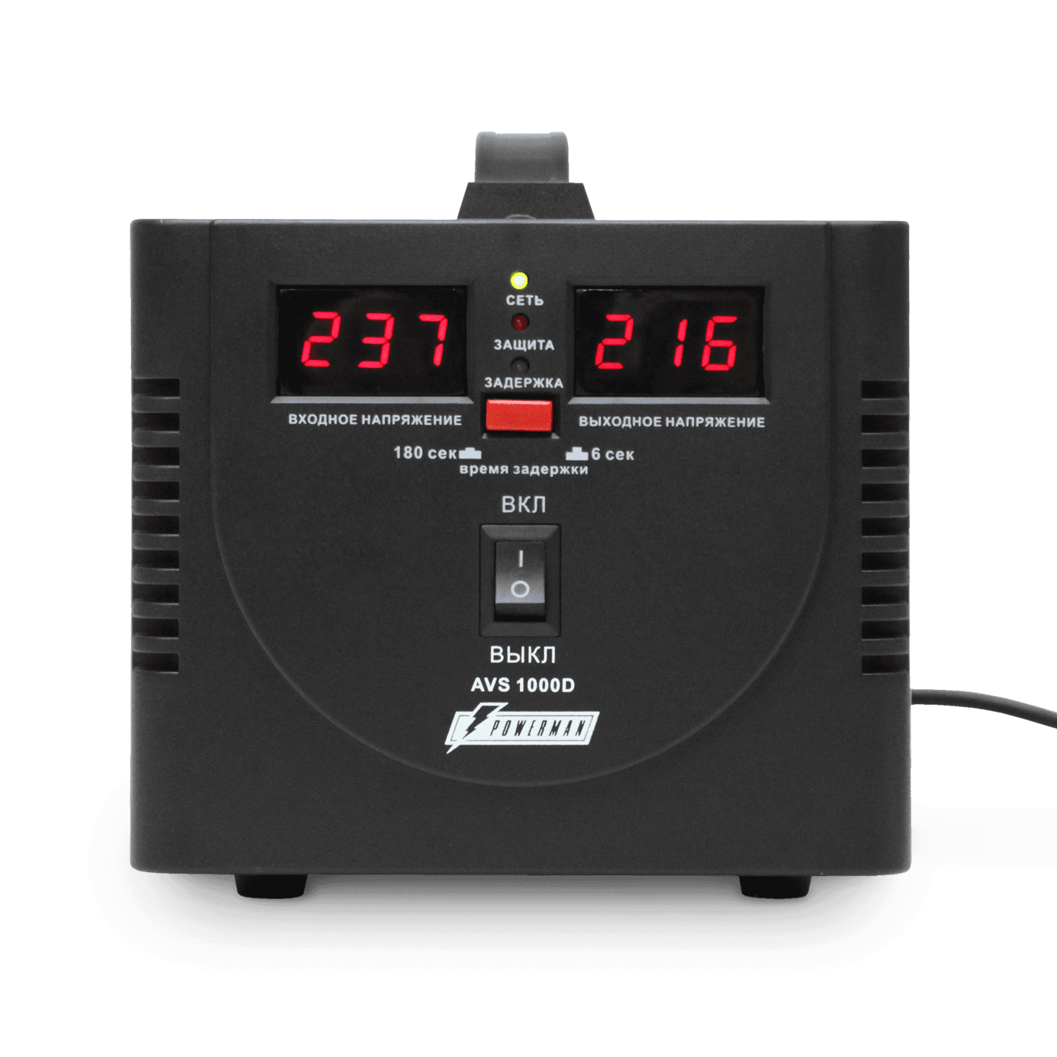 Стабилизатор POWERMAN AVS 1000D, черный, ступенчатый регулятор, цифровые индикаторы уровней напряжения, 1000ВА, 140-260В, максимальный входной ток 7А, 2 евророзетки, IP-20, напольный, 200мм х 150мм х 140мм, 2,3 кг./ Stabilizer POWERMAN AVS 1000D, black, step-type regulator, digital indicators of voltage levels, 1000VA, 140-260V, maximum input current 7A, 2 eurosockets, IP-20, floor standing, 200mm x 150mm x 140mm, 2.3kg.