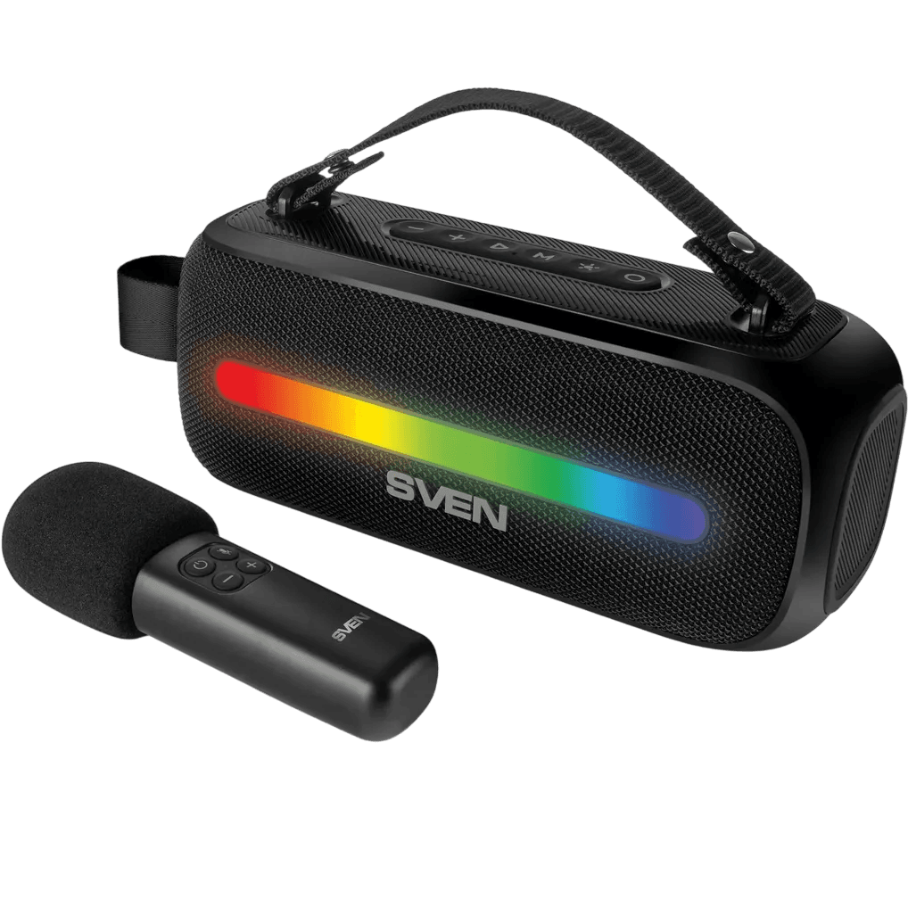 SVEN PS-255, черный, акустическая система 2.0, мощность 2x6 Вт (RMS), Bluetooth, FM, USB, караоке микрофон, встроенный аккумулятор
