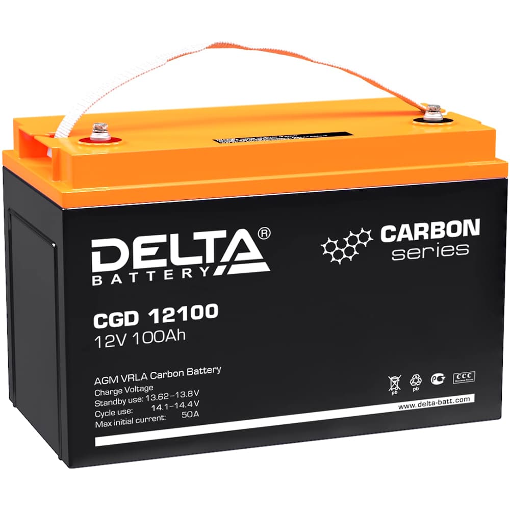 Батарея DELTA серия CGD, CGD 12100, напряжение 12В, емкость 100Ач (разряд 10 часов), макс. ток разряда (5 сек.) 1000А, макс. ток заряда 50А, графеновая свинцово-кислотная типа AGM, клеммы под болт М8, ДxШxВ 330х173х212мм., вес 30кг., срок службы 15 лет./ Battery DELTA series CGD, CGD 12100, voltage 12V, capacity 100Ah (discharge 10 hours), max. discharge current (5 sec.) 1000A, max. charge current 50A, graphene lead-acid type AGM, bolt terminals M8, LxWxH 330x173x212mm, weight 30kg, service lif