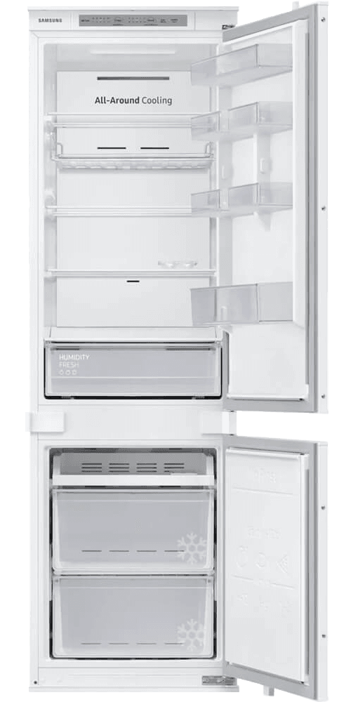 Встраиваемый холодильник Samsung/ 177.5x54x55, Встраиваемый холодильник, All-Around Cooling, 267 л, Full No Frost, инверторный уомпрессор, SpaceMax, Зона свежести, полка Easy Slide, скользящие направляющие