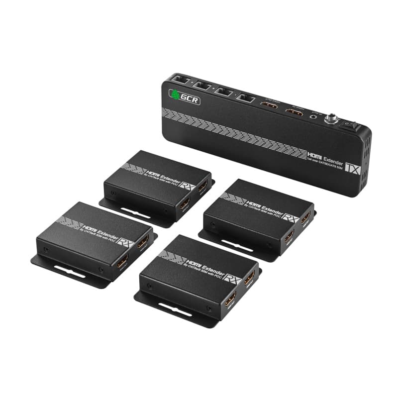 GCR PRO Разветвитель-удлинитель HDMI по витой паре 1080P до 50~60m, 1х4 до 9 дисплеев, передатчик+приемники(2хHDMI), поддержка IR,POC & EDID, Loop out