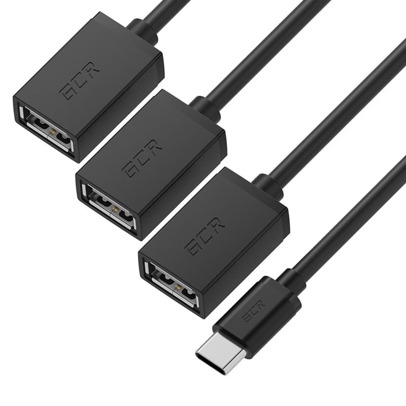 GCR PRO Переходник USB Hub Type-C гибкий 0.35m разветвитель на 3 USB порта, СМ / 3 х AF, черный