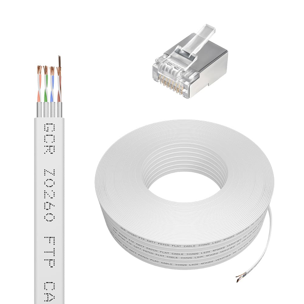 GCR PRO Кабель LAN DIY витая пара плоский 50m в бухте, FTP кат.7, медь, многопроволочный, LSZH, белый + экранированные коннекторы RJ-45 20шт.