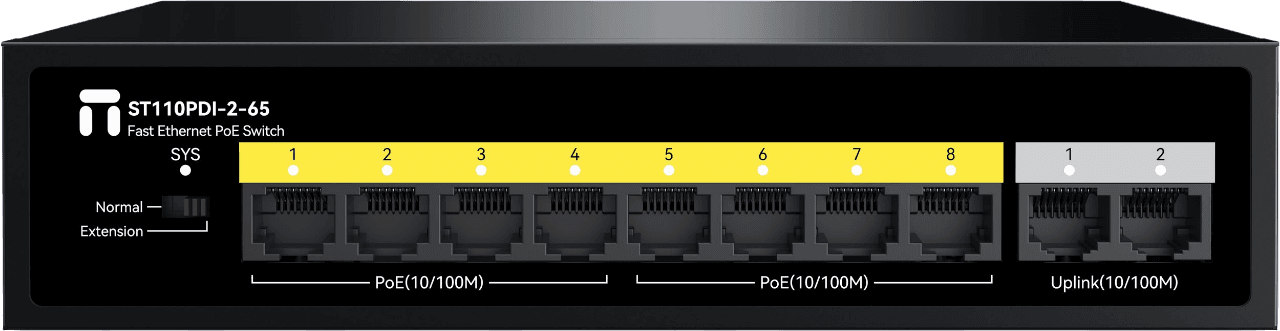 Коммутатор/ Неуправляемый PoE коммутатор Fast Ethernet, 8 портов 100 Мбит/с PoE+, 2 Uplink порта 100 Мбит/с RJ45, БП 65 Вт