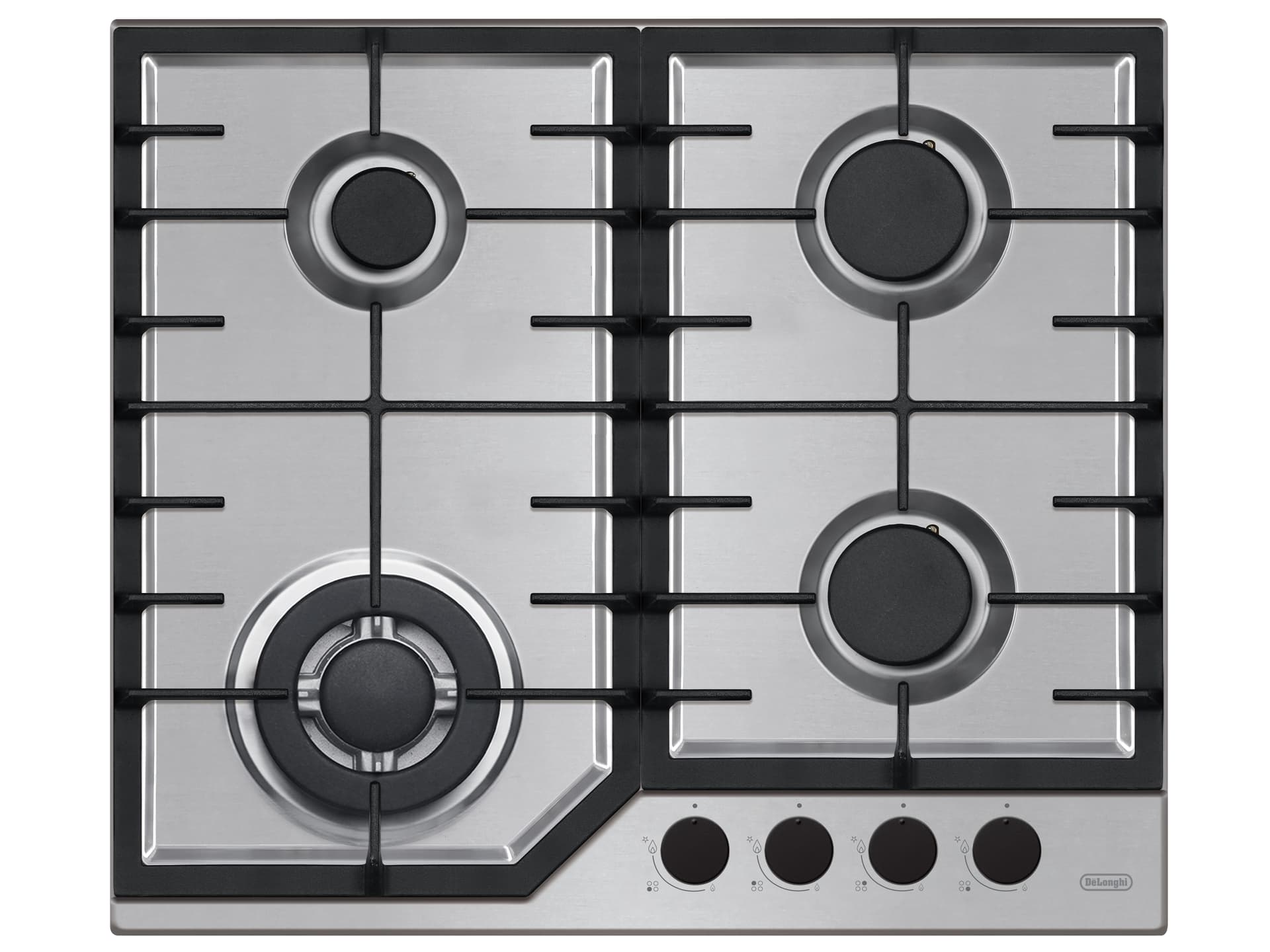 Встраиваемая варочная панель Delonghi/ Встраиваемая варочная панель Delonghi, газ, 60 см, 4 конфорки, WOK, автоподжиг, газ-контроль, чугунные решетки, цвет нержавеющая сталь