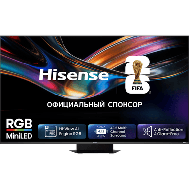 Телевизор RGB Mini-LED 85'' Hisense/ 85", Ultra HD, VA, Local Dimming Zones 1320, 4K 48-180Hz, 2K 48-330Hz, Smart TV (HomeOS U9.5), Wi-Fi, DVB-T2/T/C/S2/S, HDR 10+, Dolby Vision, Dolby Atmos, Bluetooth, 4.1.2 CH, 2*15W(Main)+2*10W(Surround)+20W(Subwoofer)+2*10W(Sky), 800 nits, 8000:1, DP(Type-C), CI+(1.4), 4хHDMI, 2хUSB, FreeSync Premium PRO, 180Hz Game Mode Pro, Charcoal grey, 2026