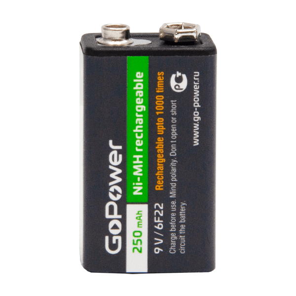 Аккумулятор бытовой GoPower Крона 6F22 BL1 NI-MH 9V 250mAh (1/25/100) (1 шт.)
