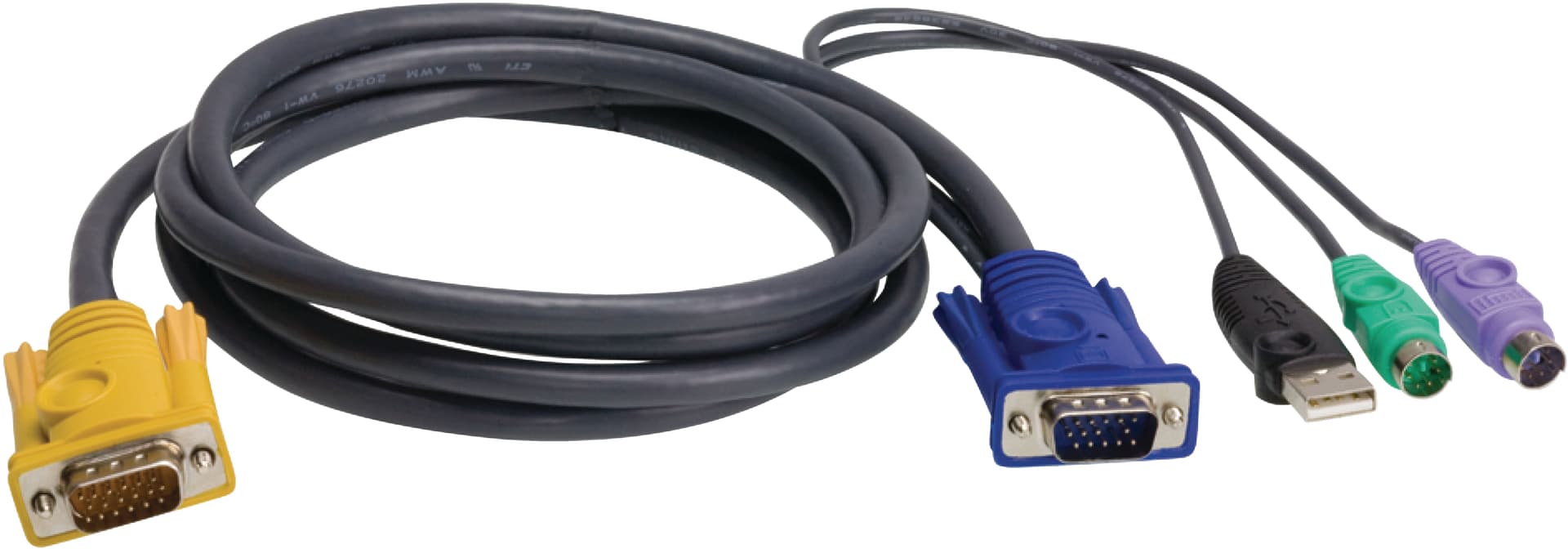 Шнур, мон., клав.+мышь USB, SPHD=>HD DB15+USB A-Тип+2x6MINI-DIN, Male-4xMale, 8+8 проводов, опрессованный, 3 метр., черный, (с поддерKой KVM PS/2)/ USB-PS/2 HYBRID CABLE. 3M