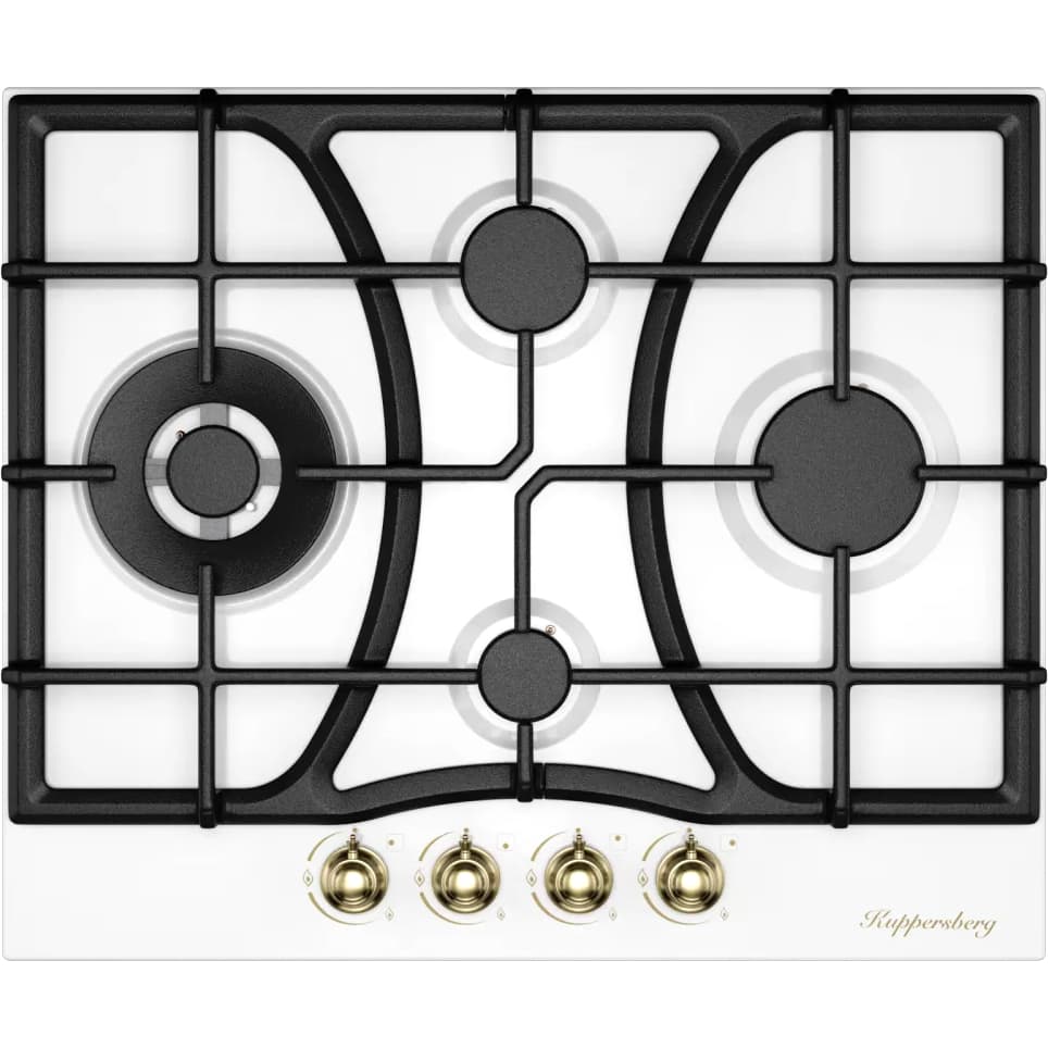 Варочная поверхность Kuppersberg/ KITCHEN RETAIL / Варочная поверхность Kuppersberg, газ, Classic, 61 см, автоматический электроподжиг, газ-контроль, SABAF конфорки, чугунные решетки, цвет белый, цвет фурнитуры бронзовый