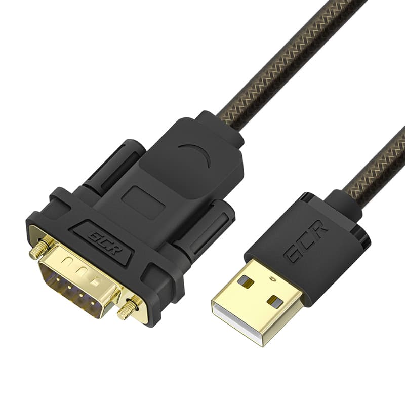 GCR Конвертер-переходник 2.0m PROF USB 2.0 AM / DB9 RS-232 c чипсетом PL2303GS, медь, черно-прозрачный, экран, армирование