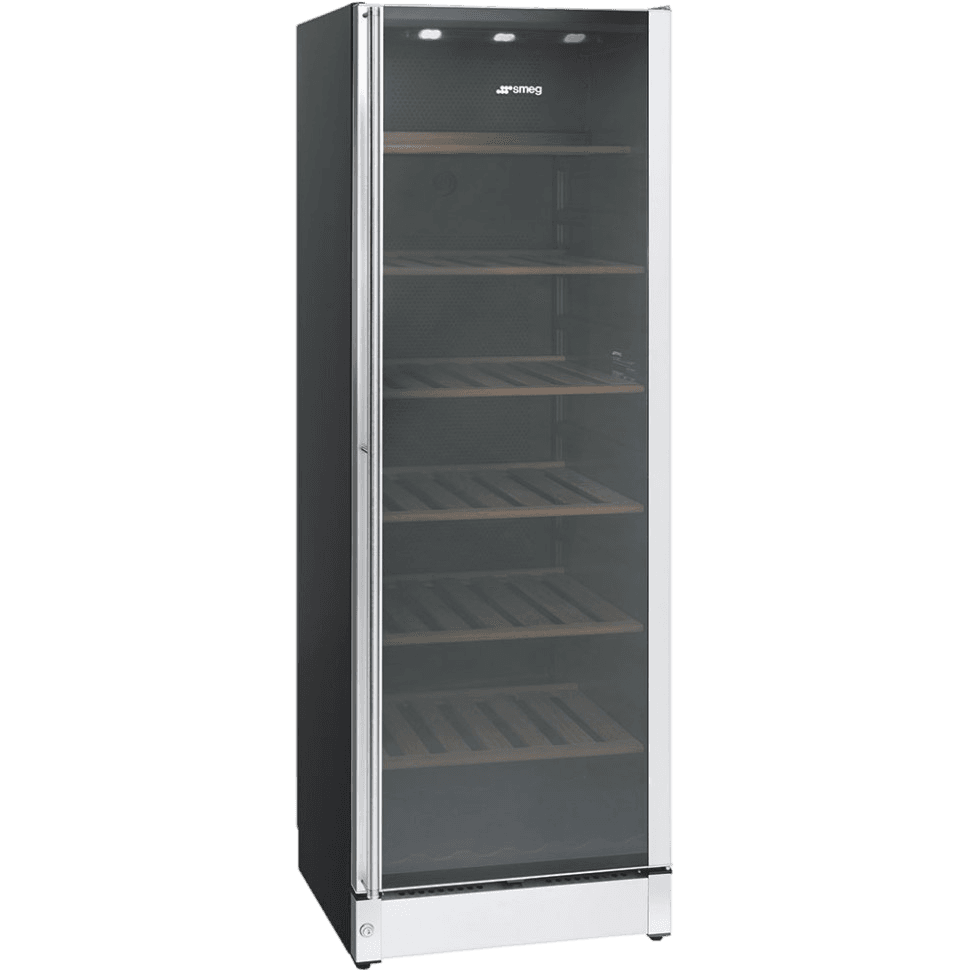Винный шкаф SMEG/ Винный шкаф SMEG, ВхШхГ 1850х595х595 мм, отдельностоящий, Classica, 197 бутылок, деревянные полки, угольный воздушный фильтр, LED подсветка, акустический сигнал открытой дверцы/повышения температуры, электронный контроль температуры, энергоэффективность G, цвет нержавеющая сталь/черный