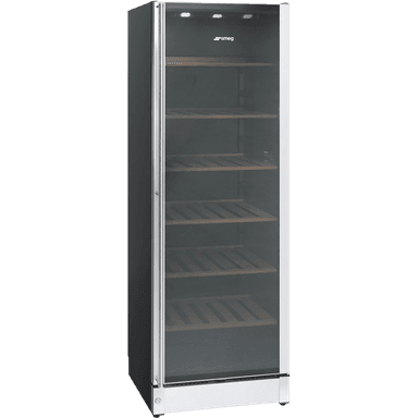Винный шкаф SMEG/ Винный шкаф SMEG, ВхШхГ 1850х595х595 мм, отдельностоящий, Classica, 197 бутылок, деревянные полки, угольный воздушный фильтр, LED подсветка, акустический сигнал открытой дверцы/повышения температуры, электронный контроль температуры, энергоэффективность G, цвет нержавеющая сталь/черный