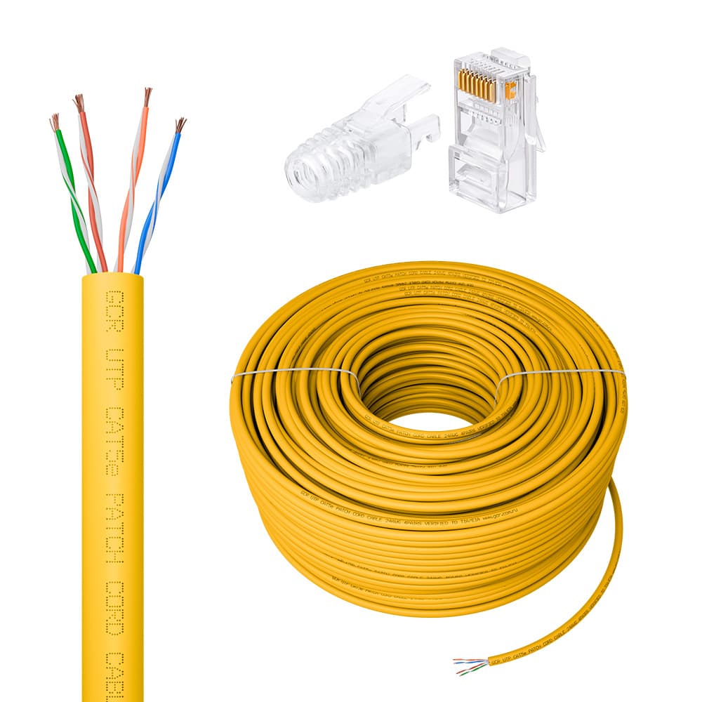 GCR PRO Кабель LAN DIY витая пара 50m в бухте, UTP кат.5e, CCA многопроволочный, желтый + Коннектор RJ-45 8p8c сборный 20шт.