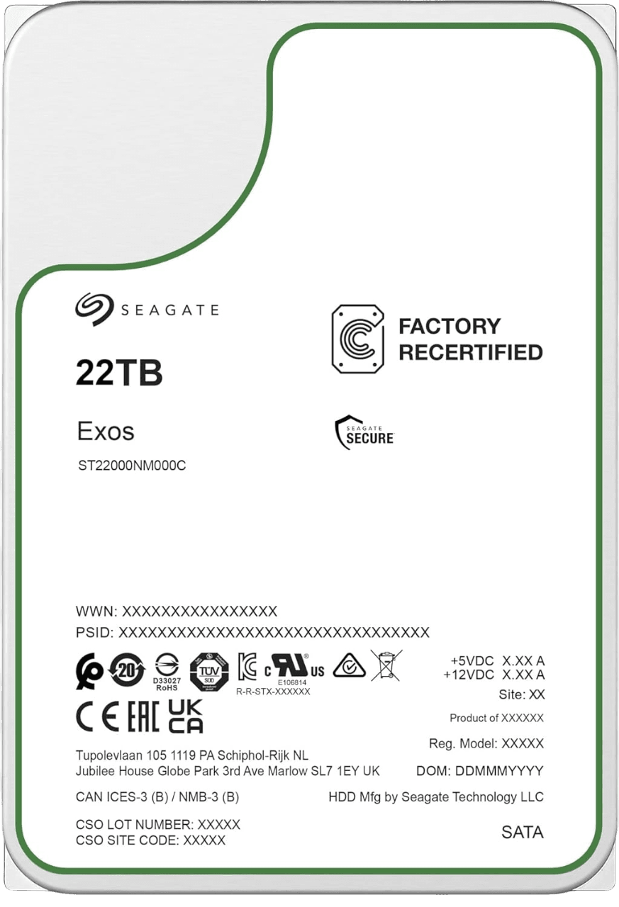Жесткий диск/ HDD Seagate SATA3 22Tb Exos 7200 512Mb OFFICIAL RECERTIFIED MTBF - 2.5M hrs 1 year warranty (replacement ST22000NM001E, ST20000NM002C, MG10AFA22TE)