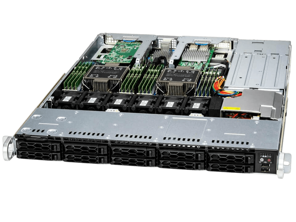Серверная платформа/ SYS-121C-TN10R (bundle10): 1U / 2x LGA-4677 / 16x DDR5 RDIMM / 10x 2.5 NVMe/SAS*/SATA* / 2x PCIe 5.0 x16 FHHL / 2x PCIe 5.0 x4 NVMe M.2 / 1x 2-Port 1GbE RJ45 / TPM / 2x 860W Power (10 NVME config)