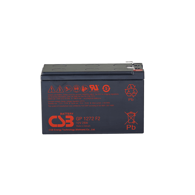 Батарея CSB серия GP, GP1272 (12V28W) , напряжение 12В, емкость 7Ач (разряд 20 часов), емкость 28 Вт/Эл при 15-мин. разряде до U кон. - 1.67 В/Эл при 25 °С, макс. ток разряда (5 сек.) 100А, ток короткого замыкания 304А, макс. ток заряда 2.8A, свинцово-кисл/ Battery CSB series GP, GP1272 (12V28W), voltage 12V, capacity 28 W/C at 15 min. discharge to U fin. - 1.67 V/Cel at 25°C, (discharge 20 hours), max. discharge current (5 sec.) 100A, short circuit current 304A, max. charge current 2.8A, lead-a